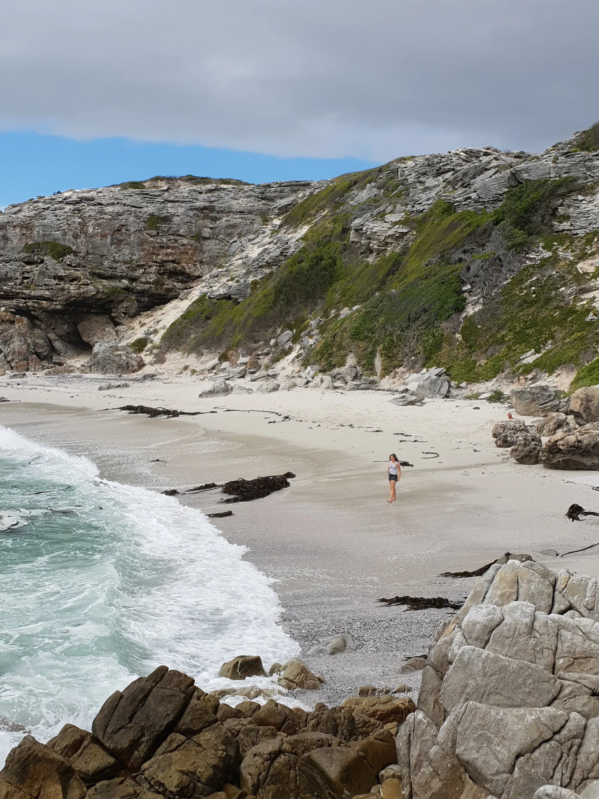 A sandy cove below the limestone cliffs at De Kelders